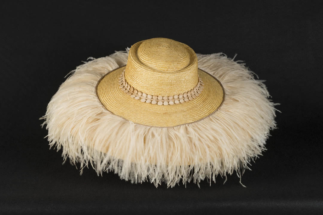 Hand made mottled capeline with ostrich feather and italian guipur lace