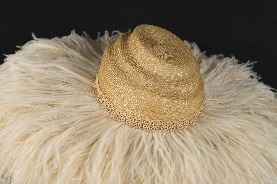 Hand made mottled capeline with ostrich feathers, and italian guipur lace