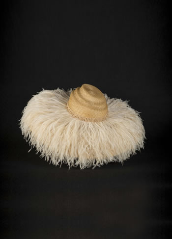 Hand made mottled capeline with ostrich feathers and italian guipur lace
