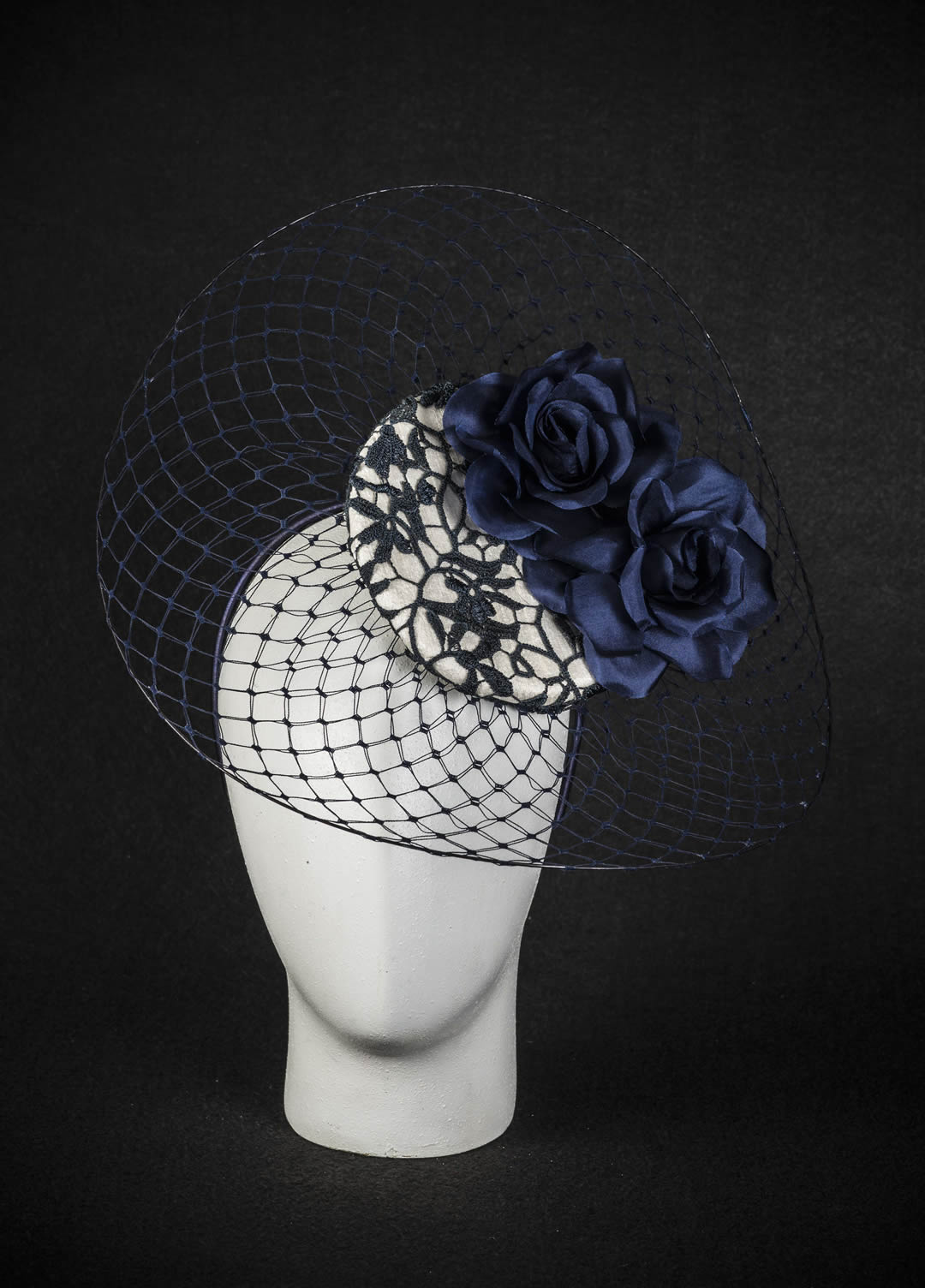 Silk,italian guipur and wired veling hat, hand made silk flowers