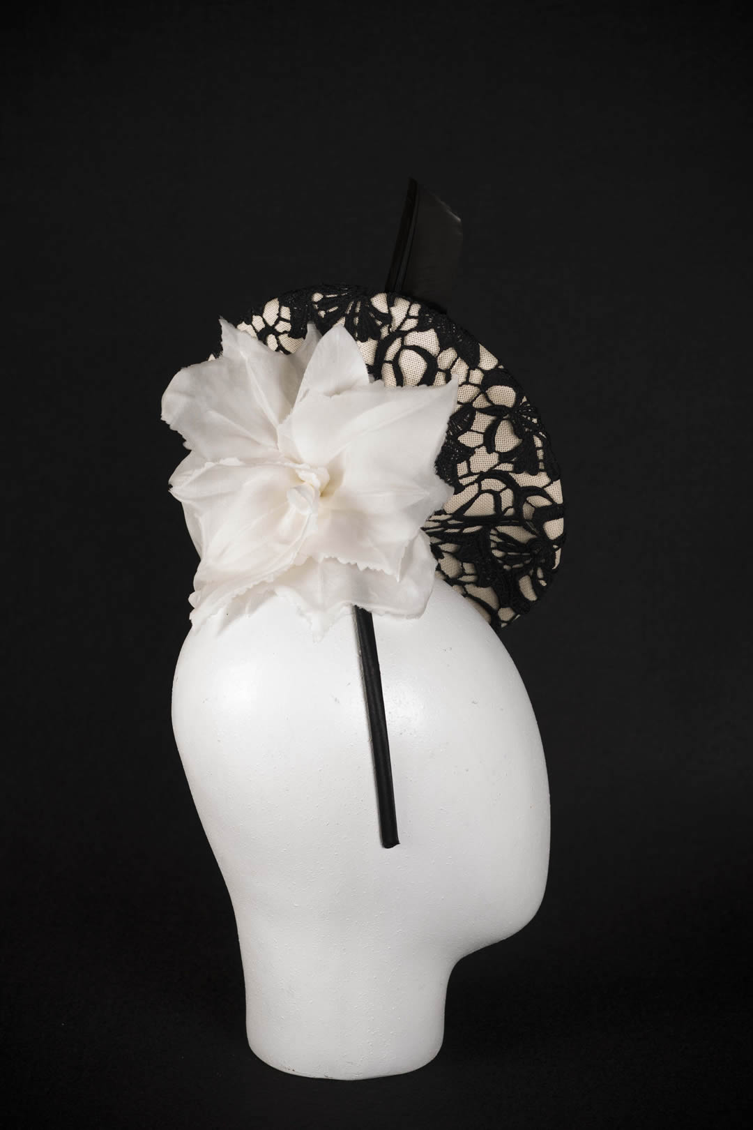 Toyo and italian guipur hat with black feather and hand made silk orchide