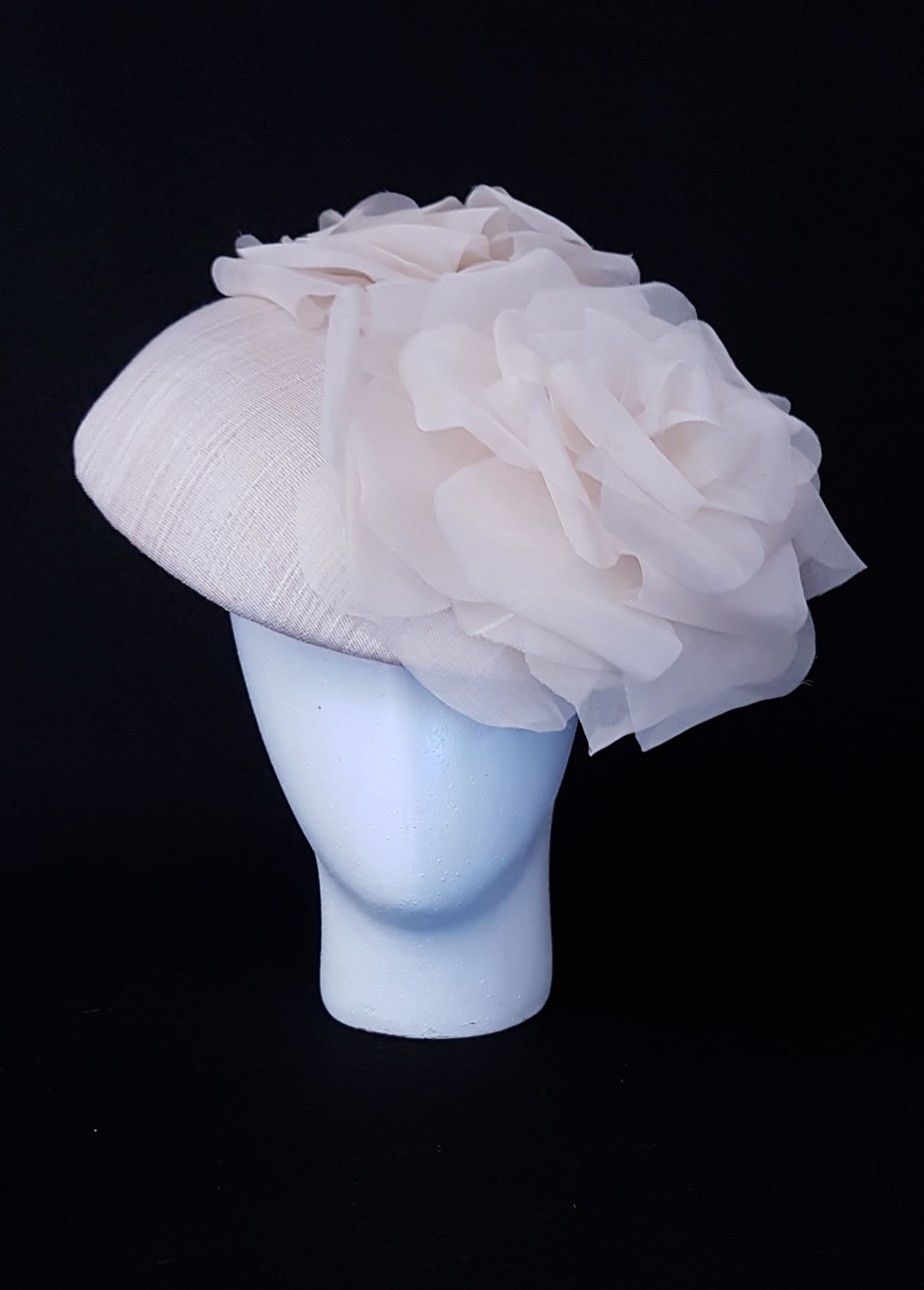 Silk sinamay hat with hand made silk flowers